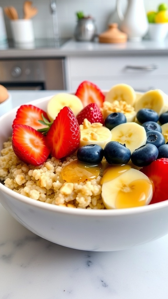 A nutritious quinoa breakfast bowl with fruits and nuts, garnished with honey, on a bright kitchen table.